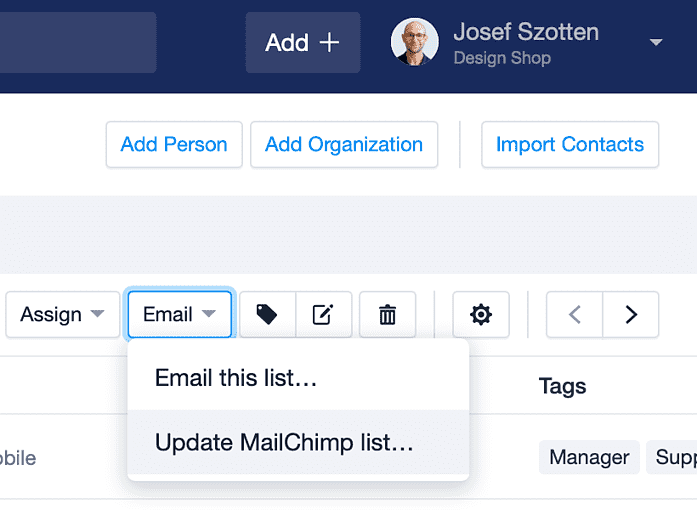 Menu suspenso para atualizar a lista do MailChimp ou enviar a lista por e-mail